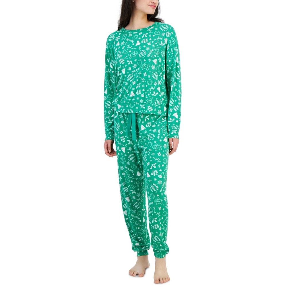Jenni Womens 2-Pc. Long-Sleeve Green Heat Doodle Holiday - Size S